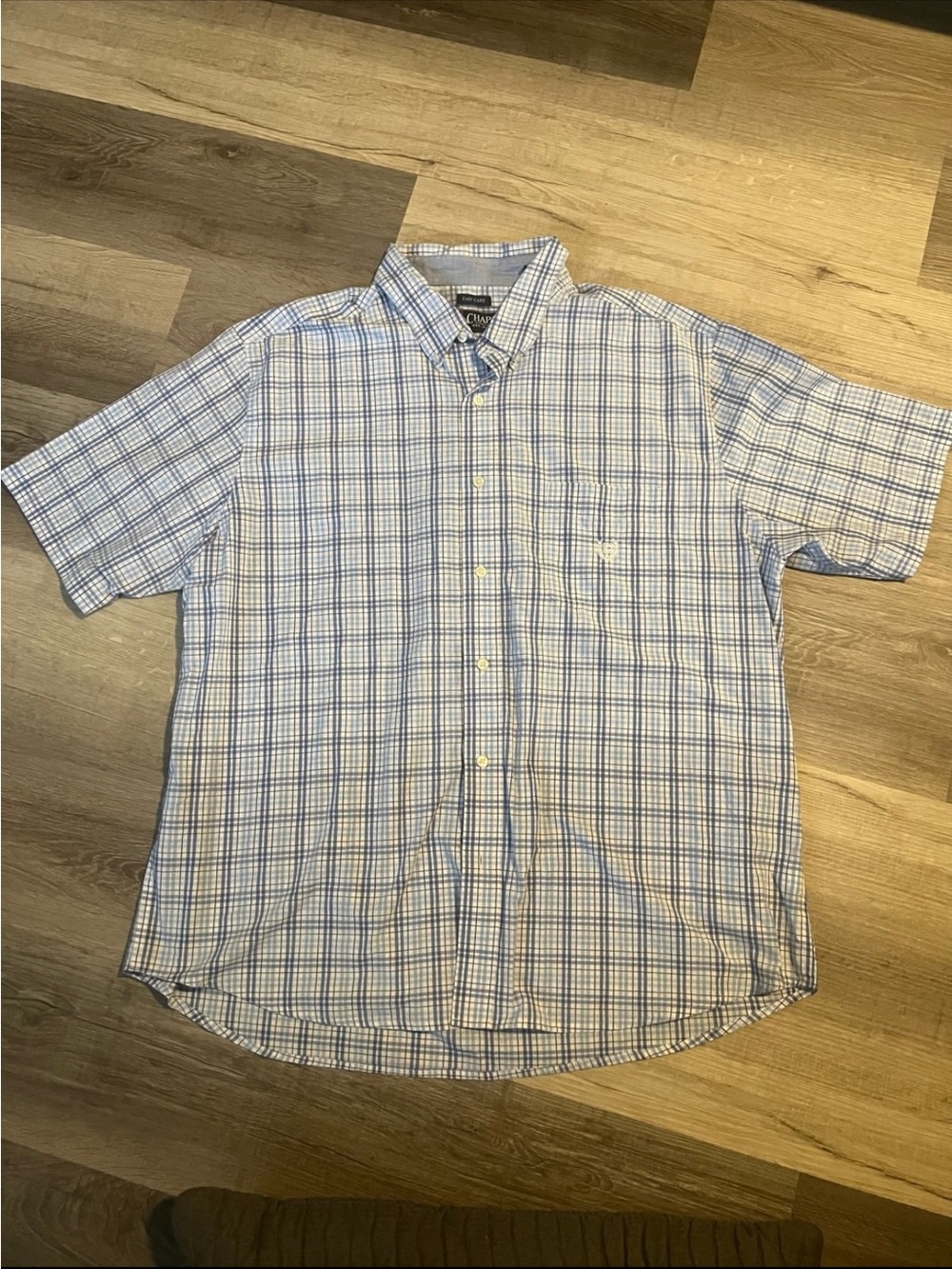 Chaps Men's Light Blue and White Plaid Short-Sleeve Button-Down Shirt